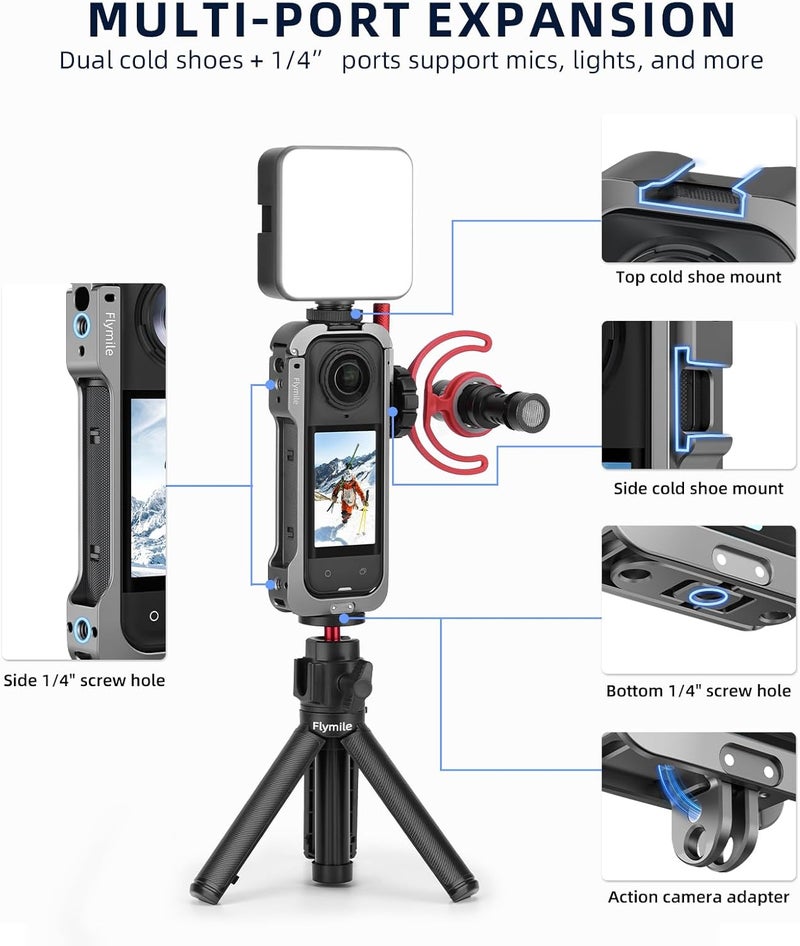 Flymile Insta 360 X5 Utility Cage/Carrying Case (Frame + Lens Cap) Lens Guard/2 Pack Screen Protector Accessories Kit, Tempered Film Glass Metal Cover Portable Bag for Insta360 X5 Protective Bundle - Image 4